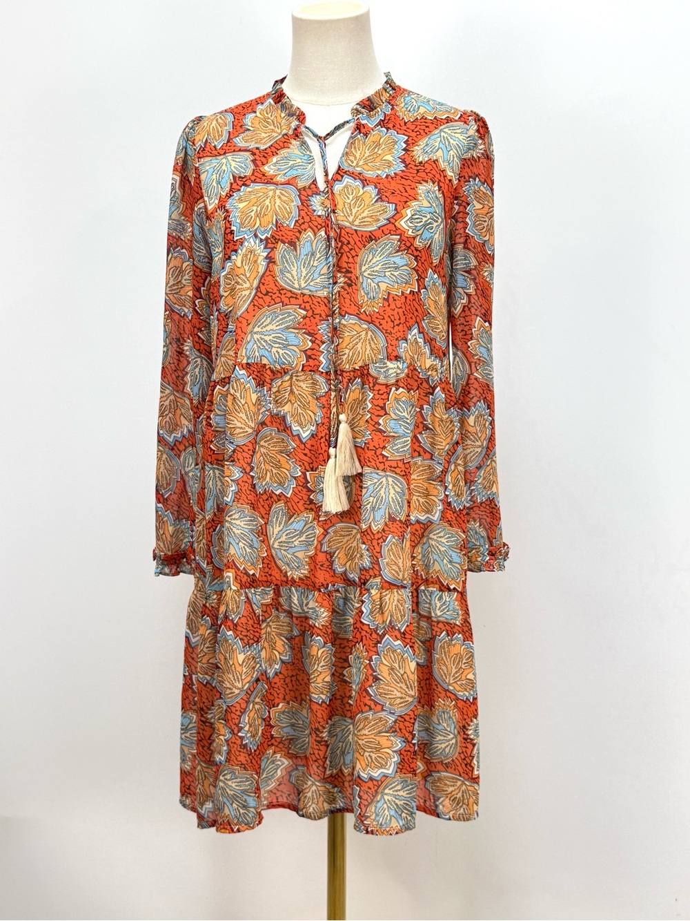 THML Rust Orange Floral Tassel-Front Long Sleeve tiered mini Dress size S - Picture 2 of 13